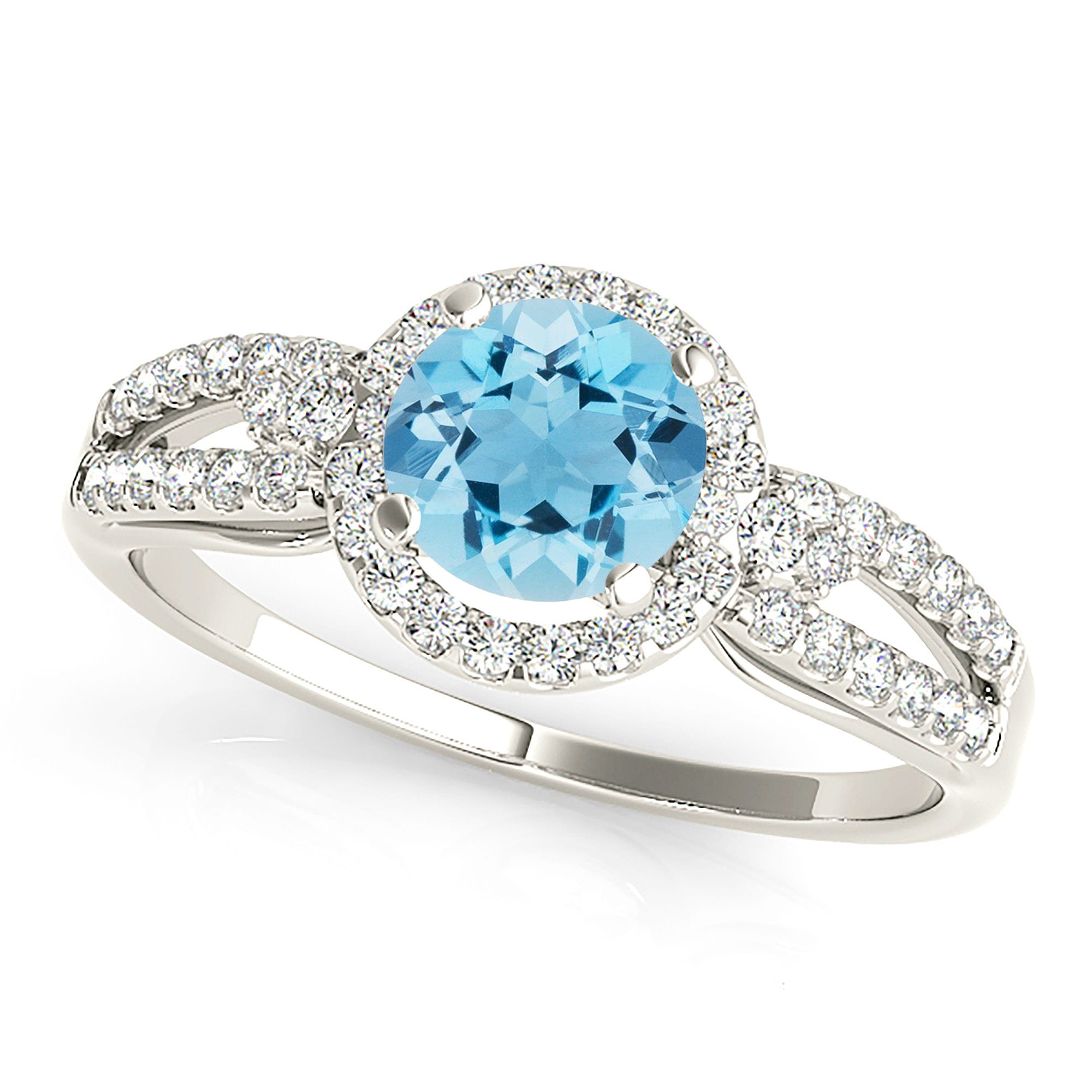 1.10 ct. Genuine Aquamarine Ring With 0.35 ctw. Diamond Halo, Curved Open Diamond Band, Side 2 Accent Diamonds| Blue Aquamarine Halo Ring-VIRABYANI